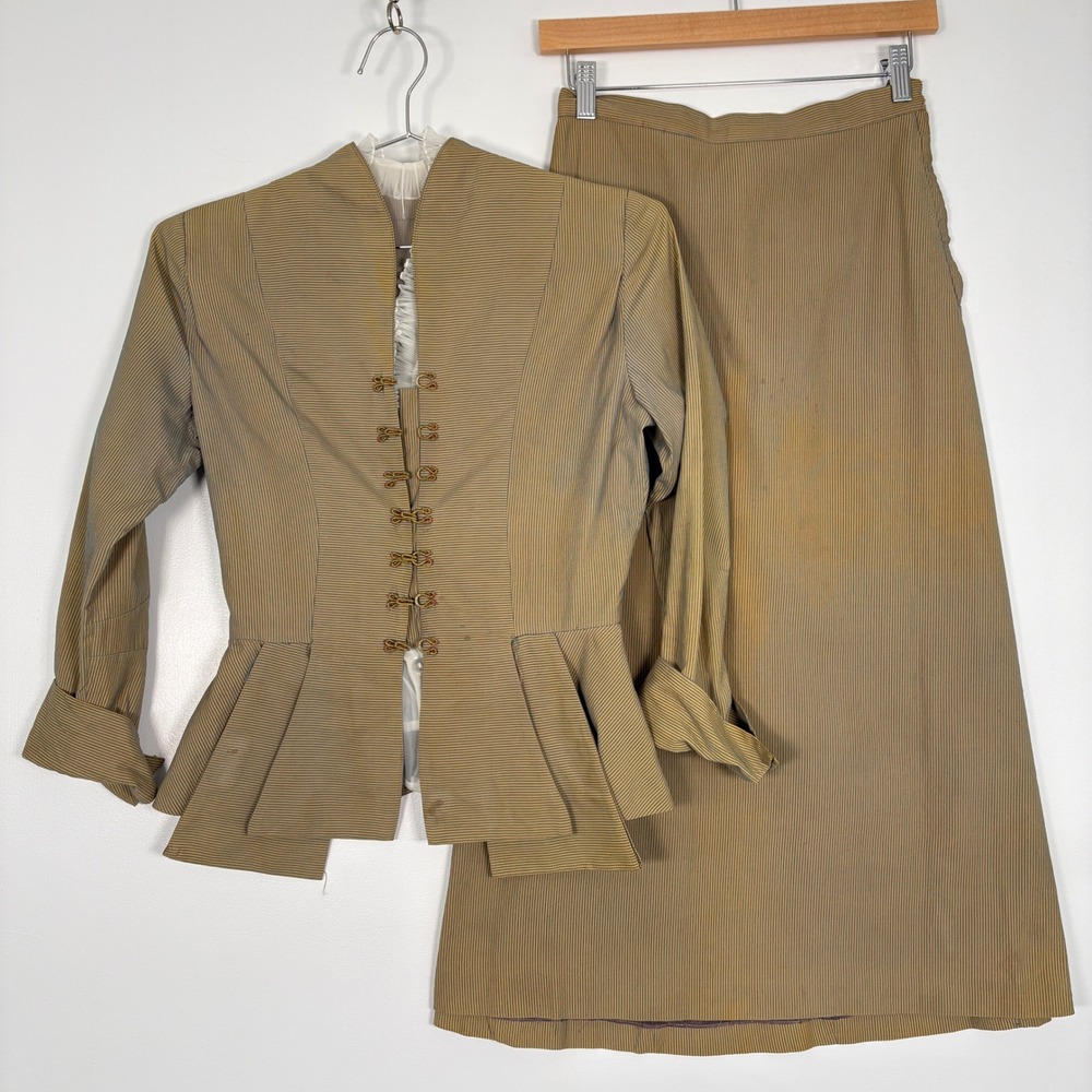 I. Magnin Women 3 Piece‎ Skirt Suit Set S Tan Blue Striped 50s New Look Vintage